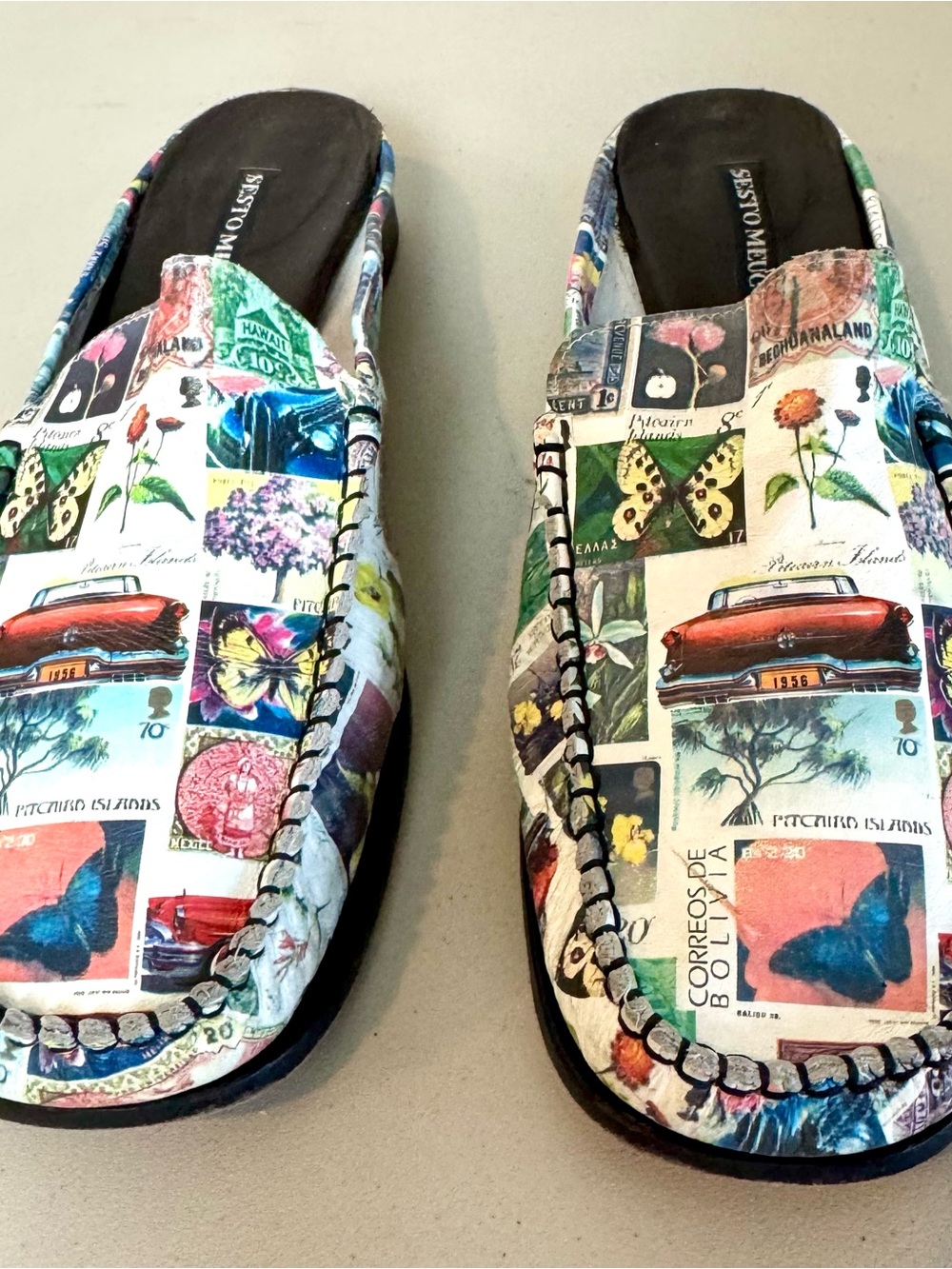 Vintage Sesto Meucci Made In Italy Postage Stamp Print Moccasins Mules Size 9.5 - Picture 3 of 12